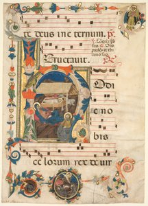 Blatt aus einem Antiphonar mit historiierter Initiale H mit der Geburt Christi recto, frühe 1300er von Unbekannt