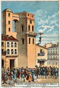 Lenormand springt vom Turm des Observatoriums von Montpellier, 1783, 19. Jahrhundert von Unbekannt