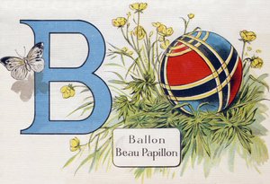 Buchstabe B: Ballon und schöner Schmetterling. Gravur im „ABC L