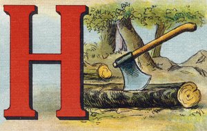 Buchstabe H: Axt. Gravur in "Alphabet de ma petite fille". Bernardin-Bechet und Fils, Buchhändler-Verleger, Paris, um 1895. Unzerbrechliches Album auf Leinwand. Bibliotheque des Bebes. 12 Seiten. Album mit einer Lesemethode und einem illustrierten Abecedar von Unbekannt
