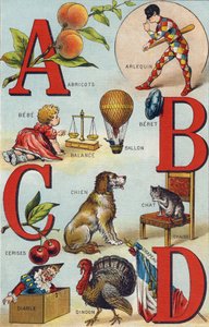 Buchstaben A B C D; Aprikosen; Harlekin; Waage; Ballon; Bebe; Kirschen; Katze Stuhl; Hund; Decke; Teufel; Truthahn; Flagge. Gravur in "Alphabet de ma petite fille". Bernardin-Bechet und Fils, Buchhändler-Verleger, Paris, um 1895. Unzerbrechliches Album auf von Unbekannt