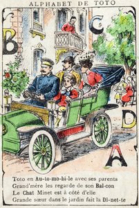 Buchstaben A B C D Auto Balkon Katze Puppenstube. Gravur in "Alphabet de Toto", Ende des 19. Jahrhunderts. Pont-a-Mousson Bildgebung. Louis Vagne, Drucker-Verleger. 12 Seiten.