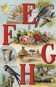 Buchstaben E F G H; Schwalbe; Fächer; Blumen; Kuchen; Tasse; Hachette; Schwalbe. Gravur in "Alphabet de ma petite fille". Bernardin-Bechet und Fils, Buchhändler-Verleger, Paris, um 1895. Unzerbrechliches Album auf Leinwand. Bibliotheque des Bebes. 12 Seite