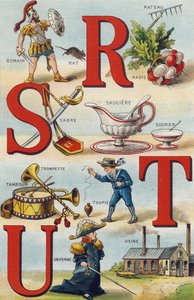 Buchstaben R S T U; Rettich Rechen; Römer; Säbel; Sauciere Zucker; Trompete Trommel; Kreisel; Uniform; Fabrik. Gravur in "Alphabet de ma petite fille". Bernardin-Bechet und Fils, Buchhändler-Verleger, Paris, um 1895. Unzerbrechliches Album auf Leinwand. Bi von Unbekannt