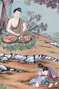 Leben Buddhas: Eine junge Frau bot dem zukünftigen Buddha eine Schale Reis und Milch an. Er nahm sie an, stellte seine Kraft wieder her und begann seine Praxis von neuem, Seoul, Südkorea