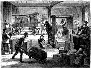 Beladung von pferdegezogenen Wagen am Wells Fargo Hauptbüro, New York, USA, 1875 von Unbekannt