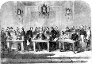 Lord Elgin unterzeichnet den Vertrag von Tainjin zur Beendigung des Zweiten Opiumkriegs, 1858