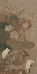 Lotusblumen, Insekten und Vögel, 1800er von Unbekannt