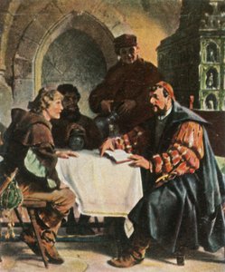 Luther als Junker Jörg im Gasthaus von Jena mit Schweizer Studenten, 1522, 1936