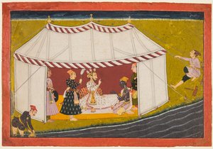 Madhava in einem Zelt vor einem Herrscher, aus einer Madhavanala Kamakandala Serie, um 1700