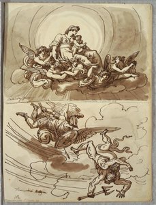 Madonna und Kind in Herrlichkeit, Studie nach Mastelletta; Erzengel Gabriel vertreibt Luzifer aus dem Himmel, Studie nach Marcantonio Franceschini von Unbekannt