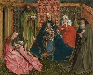 Madonna und Kind mit Heiligen im umschlossenen Garten