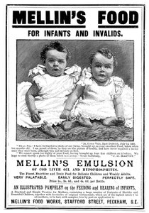 Werbeanzeige für Mellins Emulsion, ein Nahrungsergänzungsmittel auf Basis von Lebertran, um 1890