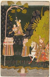 Maharaja Abhai Singh, Reiter, beobachtet Mädchen beim Schaukeln auf dem Teej-Festival, ca. 1740