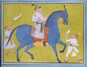 Maharaja Pratap Singh von Sawar reitet, mit zwei Begleitern zu Fuß, ca. 1700