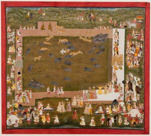 Maharaja Sangram Singh und sein Hof beobachten einen Kampf zwischen Tigern und Wildschweinen in Sadri, um 1720 von Unbekannt