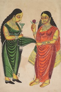 Magd bringt einer Dame eine Wasserpfeife recto, Krishna gegen wertvolle Gegenstände gewogen verso, 180 von Unbekannt