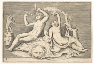 Mann, der zwei Flöten spielt, und Frau auf Löwenfell, veröffentlicht ca. 1599-1622
