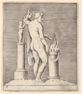 Mann mit Fackel zwischen brennendem Altar und Statuette