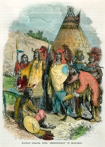 Mandan-Indianer mit Medizinmann im Bärenfell, um 1875 von Unbekannt