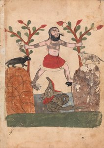 Das Schicksal des Mannes oder der Mann, der Zuflucht in einem von einem Drachen bewohnten Brunnen sucht, Folio..., 18. Jahrhundert von Unbekannt