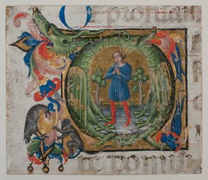 Manuskript-Illumination mit Initiale Q, aus einem Chorbuch, erste Hälfte des 15. Jahrhunderts
