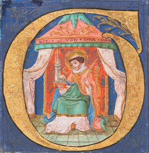 Manuskript-Illumination mit heiligem Trudo Trond in einer Initiale O, aus einem Chorbuch von Unbekannt