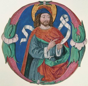 Manuskript-Illumination mit der Figur eines Heiligen in einer Initiale O, Italienisch, ca. 1480