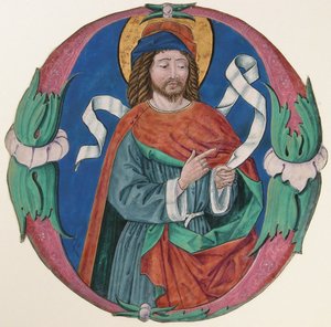 Manuskript-Illumination mit der Figur eines Heiligen in einem Initial O, ca. 1480