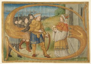 Manuskriptblatt-Ausschnitt wahrscheinlich aus einem Missale mit einer illuminierten Initiale S und König von Unbekannt