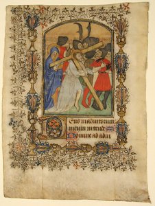 Manuskriptblatt aus einem Stundenbuch... Illuminiertes Initial D und Christus trägt das Kreuz, 1390-140