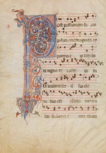 Manuskriptblatt mit verziertem Initial P, aus einem Antiphonar, italienisch, ca. 1250-60