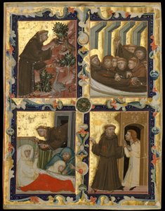 Manuskriptblatt mit Szenen aus dem Leben des Heiligen Franziskus von Assisi, ca. 1320-42 von Unbekannt