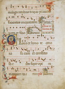 Manuskriptblatt mit einer weiblichen Heiligen möglicherweise Dorothea in einem Initial G, aus einem Graduale, ca. 1330-40