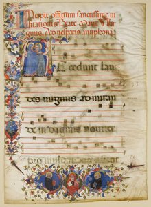 Manuskriptblatt mit der Heimsuchung in einem Initial A und Kardinal Adam Easton..., italienisch, ca. 1400