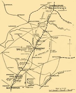 Karte mit den Vormarschlinien von Bloemfontein nach Pretoria, 1901
