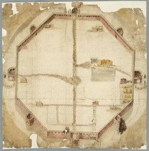 Karte von 1530, die die geplanten, aber nie ausgeführten Mauern von Den Haag, Niederlande zeigt