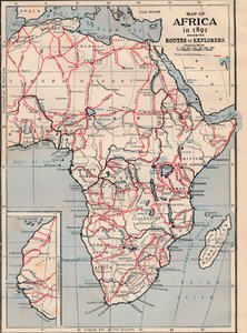 Karte von Afrika im Jahr 1891 mit den Routen der Entdecker