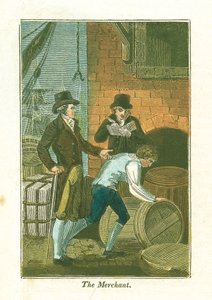 Kaufmann und sein Angestellter am Kai beim Überprüfen von Waren in einem Lagerhaus, 1823 von Unbekannt