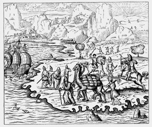 Händler transportieren Waren zur Küste und zu einem wartenden Schiff per Kamel, 1575 von Unbekannt