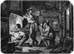 Bergleute in den kalifornischen Goldfeldern entspannen sich nachts in ihrer Blockhütte, 1853