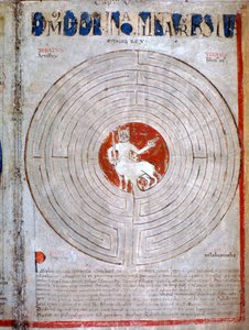 Minotaurus in einem Labyrinth, eine Seite aus Liber Floridus, 12. Jahrhundert