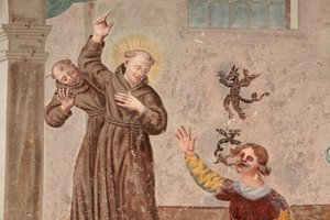 Kloster von Saorge, Fresko aus dem 18. Jahrhundert, das das Leben des Heiligen Franz von Assisi darstellt, Saorge, Frankreich