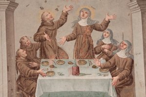 Kloster von Saorge, Fresko aus dem 18. Jahrhundert, das das Leben des Heiligen Franz von Assisi darstellt, Saorge, Frankreich