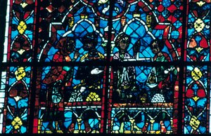 Geldwechsler, Buntglas, Kathedrale von Chartres, Chartres, Frankreich