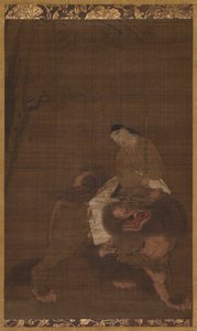 Monju als Kind auf einem Löwen reitend, 1392-1573 von Unbekannt