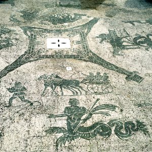 Mosaik, Karren gezogen von Maultieren mit Reisenden, Cisarii, 1. Jahrhundert von Unbekannt