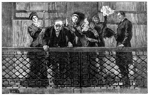 Mr. Gladstone spricht die Menge vom Balkon an