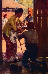 Mrs. Judson bringt ihr Kind zu ihrem angeketteten Ehemann, ca. 1912
