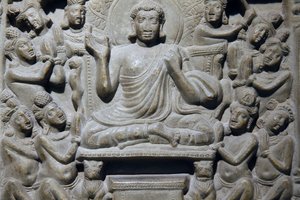 Nationalmuseum von Indien, Delhi. Ayaga-Fries, der Szenen aus Buddhas Leben und den Jatakas darstellt. Ikshvaku, 3. Jahrhundert n. Chr. Nagarjunakonda, Andhra Pradesh. Grauer Kalkstein. Detail. Indien von Unbekannt